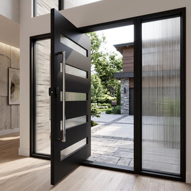 Modern black pivot entry door with Reed glass and matching sidelights