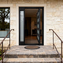 Modern frosted glass pivot entry door with five horizontal glass panels
