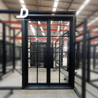 Black iron French double entry door with clean geometric glass panels