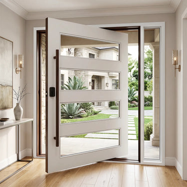 Modern White Iron Pivot Door with Glass Panels