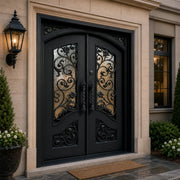 Ornamental Wrought Iron Entry Double  Door with Floral Scrollwork W140