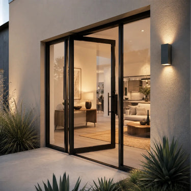 Panoramic glass pivot entry door with slim black steel frame and full height sidelights
