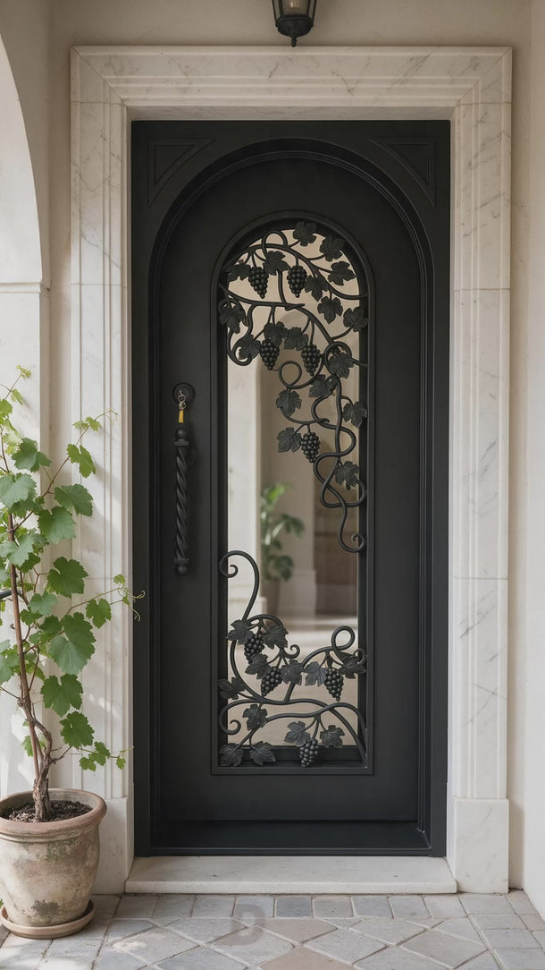 Black iron entry door with clear glass plus lowE coating