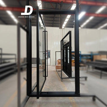 Legend Iron Doors iron pivot door with Large glass panels