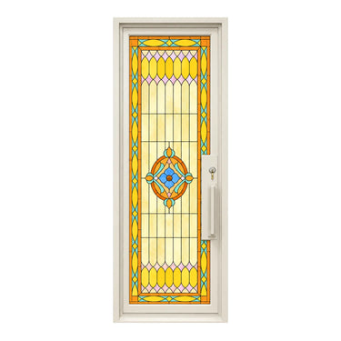 Steel front door with geometric Tiffany-style stained glass in amber, blue, and green