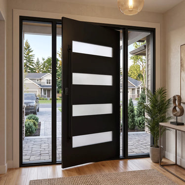 Standard black pivot iron entry door with frosted glass and clear sidelights