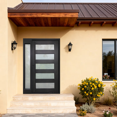 Custom thermal insulated iron pivot door with modern glass panel design