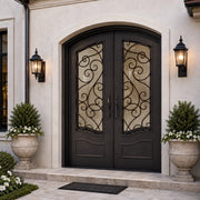 Thermal Break Arched Wrought Iron Double Door with Scrollwork TW141