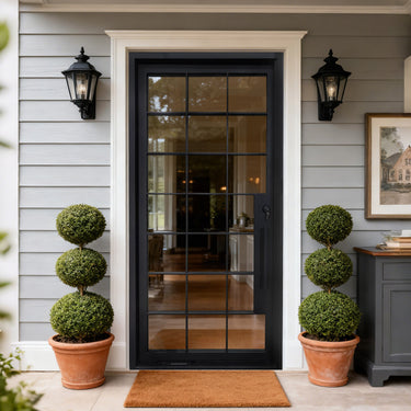 Black steel grid glass pivot entry door with divided glass panels for modern home entrance