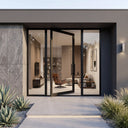 Thermal break panoramic pivot entry door with slim black steel frame and full height glass sidelights
