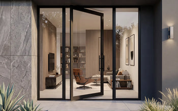 Thermal break panoramic pivot entry door with slim black steel frame and full height glass sidelights