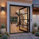 Thermal break pivot iron door with large glass panels and black steel frame for modern home entrance