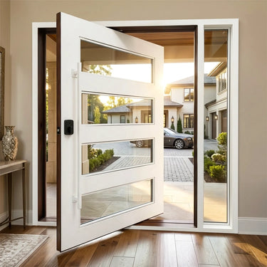 Thermal break white iron pivot entry door with horizontal glass panels