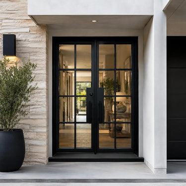 Thermal break French iron double entry door with grid glass and minimalist frame