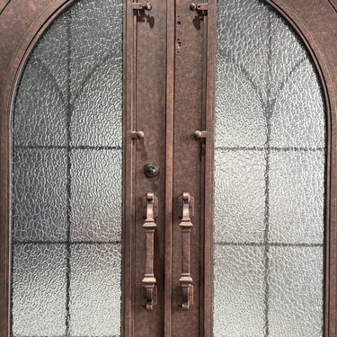 Round Top Iron Front Double Door with Glass Panels and screens details